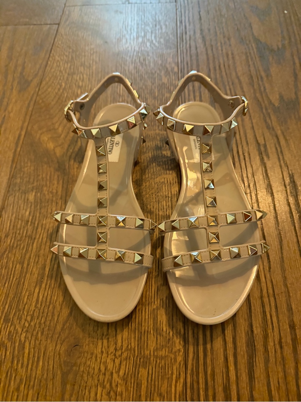 Valentino Beige Studded T-Strap Sandals